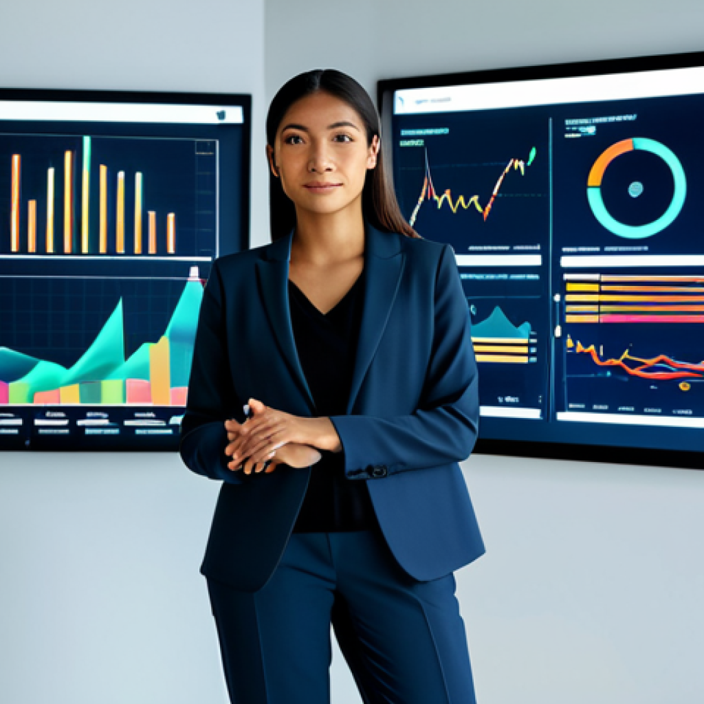 A professional female marketer of diverse ethnicity, wearing a modest, tailored business suit, is standing confidently in a sleek, modern office. The background showcases abstract holographic data visualizations and illuminated charts, symbolizing AI-driven market insights and trend analysis. She looks towards the viewer with an intelligent and friendly expression, one hand subtly gesturing towards a floating data interface. The scene is bathed in soft, professional lighting.