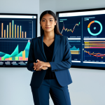 A professional female marketer of diverse ethnicity, wearing a modest, tailored business suit, is standing confidently in a sleek, modern office. The background showcases abstract holographic data visualizations and illuminated charts, symbolizing AI-driven market insights and trend analysis. She looks towards the viewer with an intelligent and friendly expression, one hand subtly gesturing towards a floating data interface. The scene is bathed in soft, professional lighting.