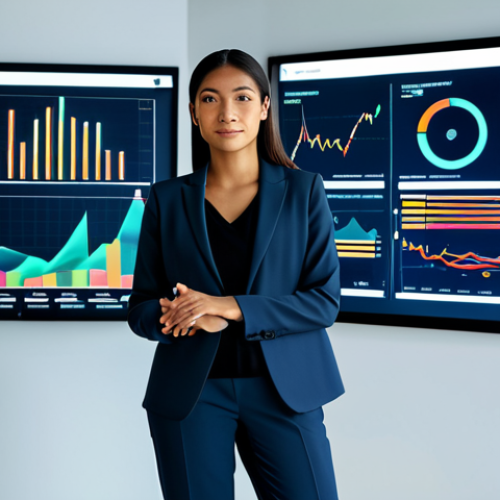 Home 6 A professional female marketer of diverse ethnicity, wearing a modest, tailored business suit, is standing confidently in a sleek, modern office. The background showcases abstract holographic data visualizations and illuminated charts, symbolizing AI-driven market insights and trend analysis. She looks towards the viewer with an intelligent and friendly expression, one hand subtly gesturing towards a floating data interface. The scene is bathed in soft, professional lighting.