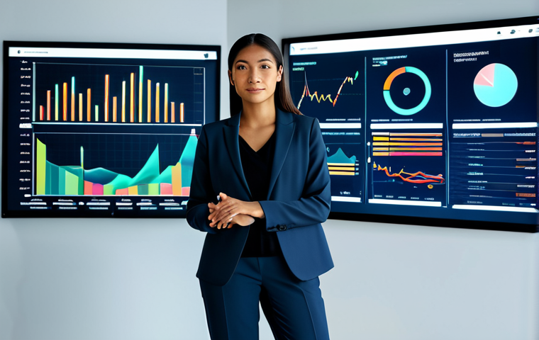 A professional female marketer of diverse ethnicity, wearing a modest, tailored business suit, is standing confidently in a sleek, modern office. The background showcases abstract holographic data visualizations and illuminated charts, symbolizing AI-driven market insights and trend analysis. She looks towards the viewer with an intelligent and friendly expression, one hand subtly gesturing towards a floating data interface. The scene is bathed in soft, professional lighting.